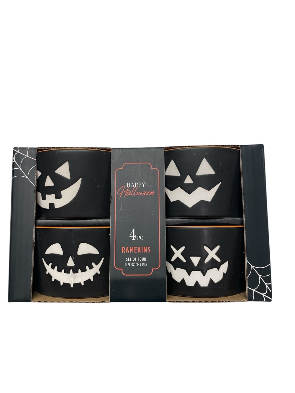 Happy Halloween Black Jack O Lantern Ramekins 5oz Set of 4 NWT
